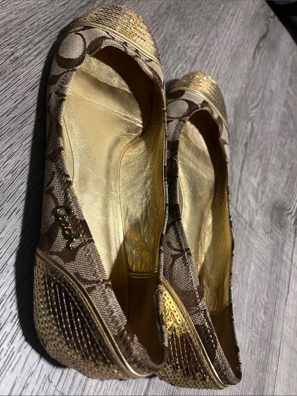 Coach Gold Sequin Toe Logo Ballet Flats